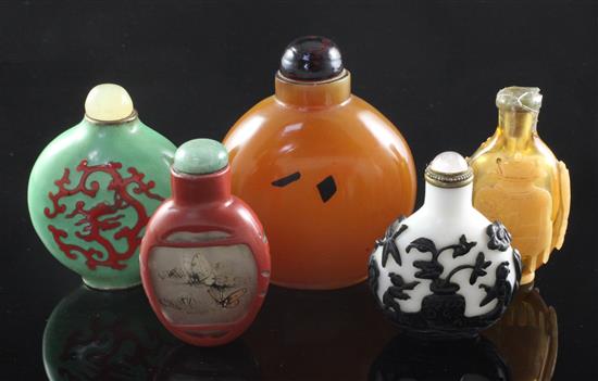 Five Chinese glass and enamel snuff bottles, late 19th / 20th century, 5.8cm - 8cm